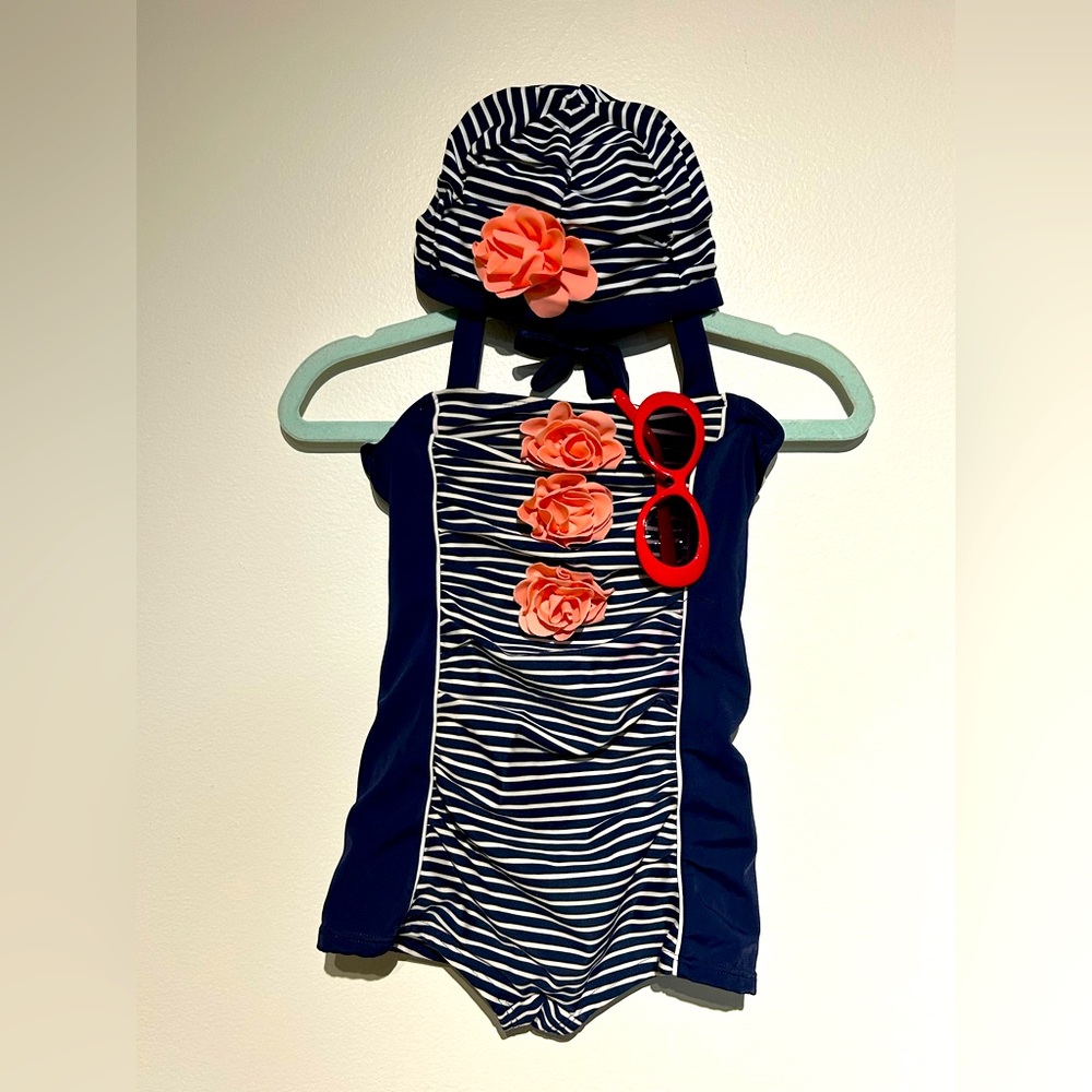 Janie & Jack Girls Swimsuit w/swim cap & sunglasses include, Size 7, Cap 6-8